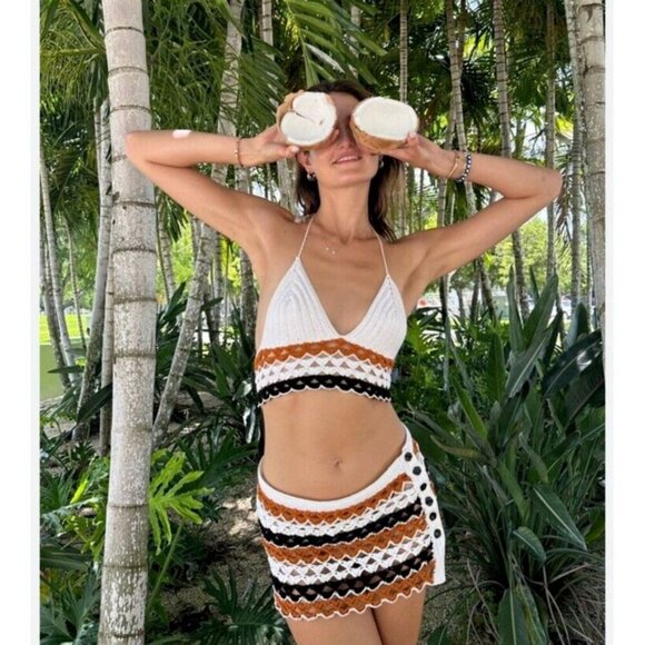 NWT My Beachy Side Crochet Halter Top Bikini Skirt Set White Brown Black Medium - Picture 2 of 12